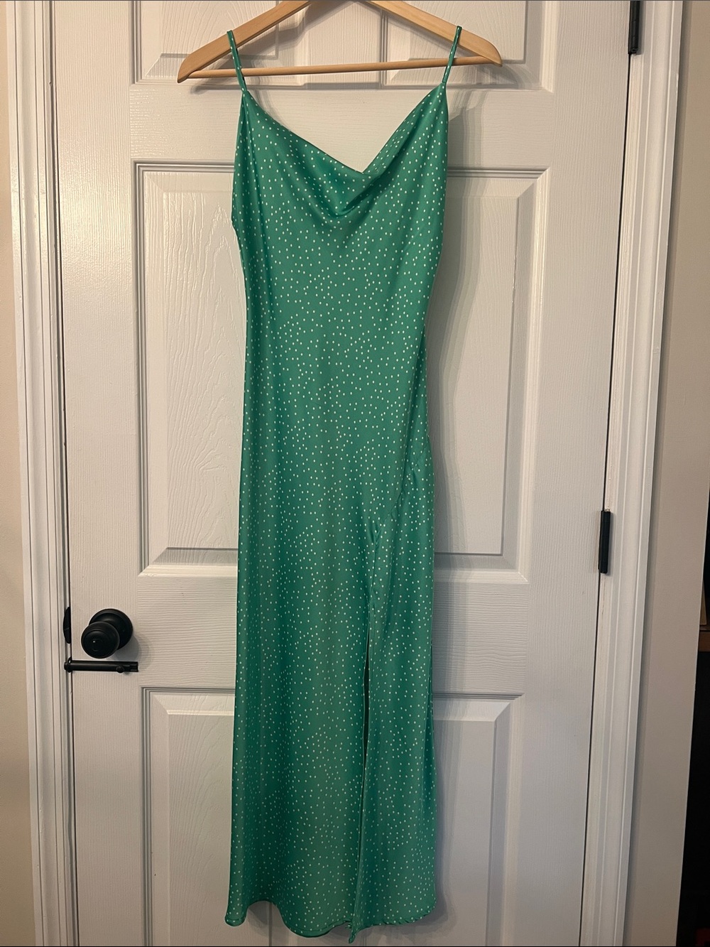 Green with small white polka dots Cowl Neck Maxi Dress